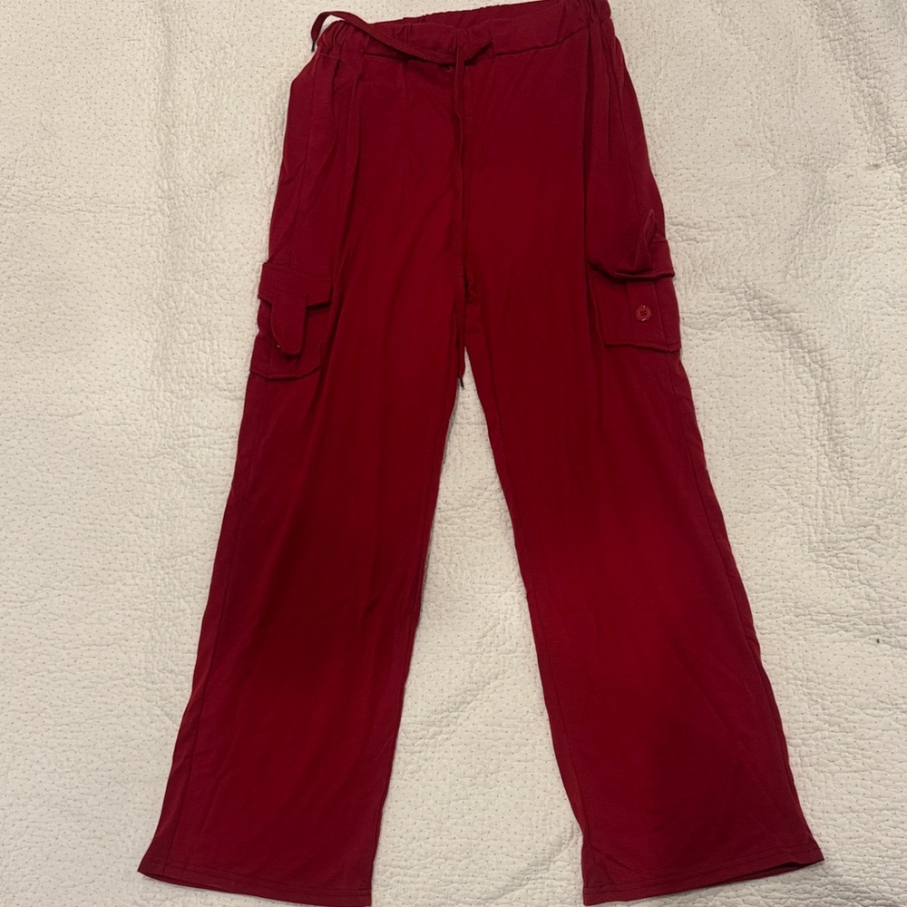 Red Wide-Leg Cargo Pants